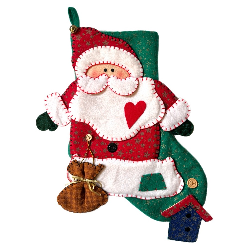 Vtg Handmade Santa Claus Christmas Stocking Applique Felt Fabric Wood Base 19”